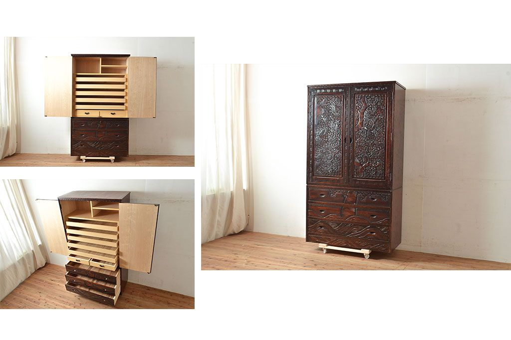 アンティーク軽井沢彫り 箪笥　収納　家具 アンティーク軽井沢彫り 箪笥 収納 家具 599 旧家より 骨董