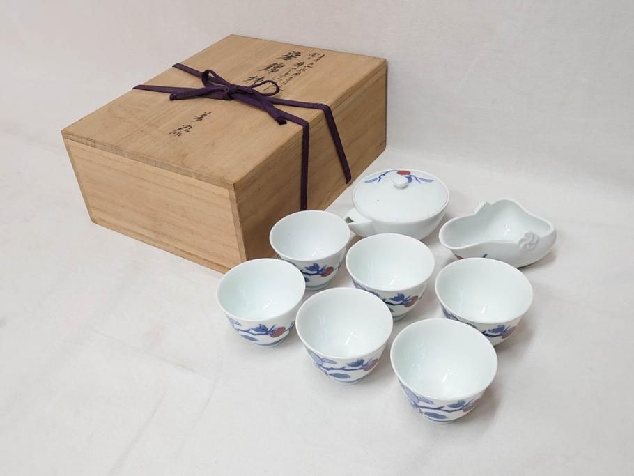 【骨董買取】人間国宝 十二代 酒井田柿右衛門(Sakaida Kakiemon) 染錦柿画 茶器(急須、湯冷まし、湯呑み、湯のみ、茶道具、和食器)を買取りました。
