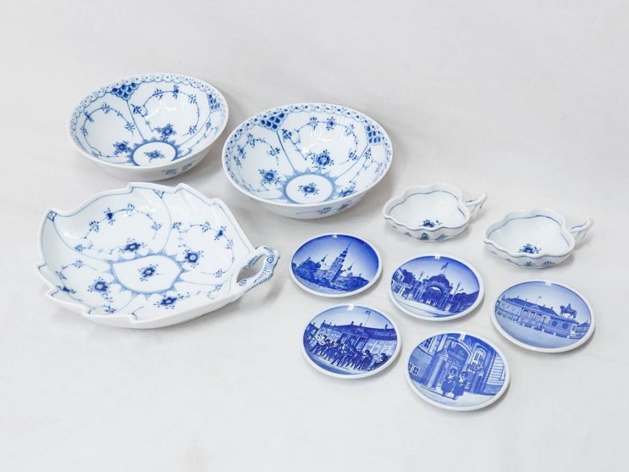 【骨董買取】デンマーク ROYAL COPENHAGEN(ロイヤルコペンハーゲン) ブルーフルーテッド ハーフレース プレイン リーフディッシュ・オープンシュガー・ボウル・絵皿(小皿、プレート、変形皿、洋食器)を買取りました。