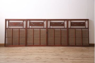 御簾戸4枚をリペア&カスタム!上下に分割し8枚にリメイク。引き手を取り付け。すだれ以外の部分を赤味がかった茶色で着色し仕上げ。(建具、簾戸、簀戸、葭戸、夏戸、すど)
