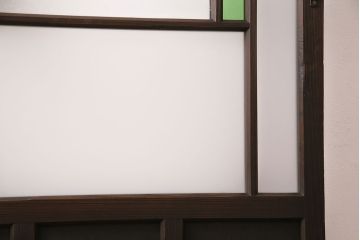 ドアをリペア&カスタム!框を加工し引き戸仕様へ変更。結霜ガラス、緑の色ガラスへ入れ替え。濃い茶色で着色し仕上げ。(引き戸、建具)