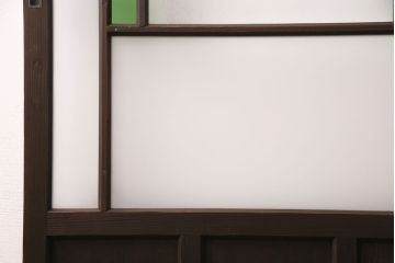 ドアをリペア&カスタム!框を加工し引き戸仕様へ変更。結霜ガラス、緑の色ガラスへ入れ替え。濃い茶色で着色し仕上げ。(引き戸、建具)