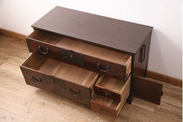 明治大正期の仙台箪笥ローボードをリペア&カスタム!天板、木製脚を取り付け。濃い茶色で着色し仕上げ。(リビングボード、時代箪笥、収納箪笥)