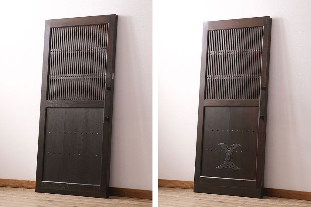 明治大正期の蔵戸をリペア&カスタム!1枚のみリサイズし、鍵を取り付け吊り戸仕様に加工。引き手を取り付け。四方枠製作。(玄関戸、引き戸、建具)