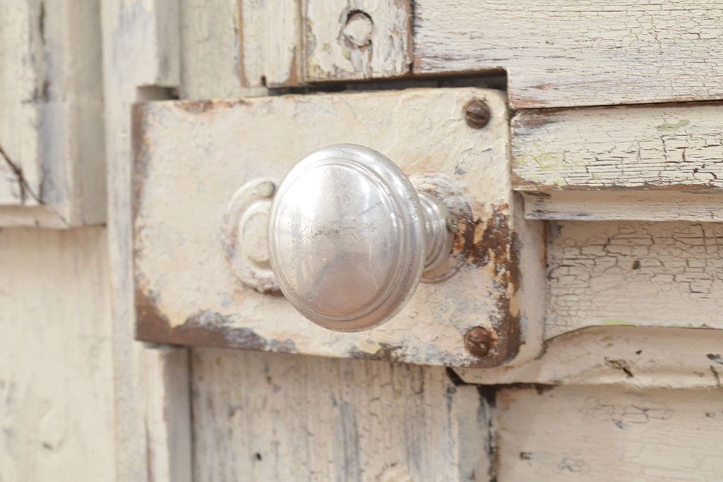 フランスアンティークの親子ドアをリペア&カスタム!ガラスをアクリル板へ差し替え。本体はアンティークホワイトのペイント、アイアン部には黒の着色をし仕上げ。(木製ドア、扉、建具)