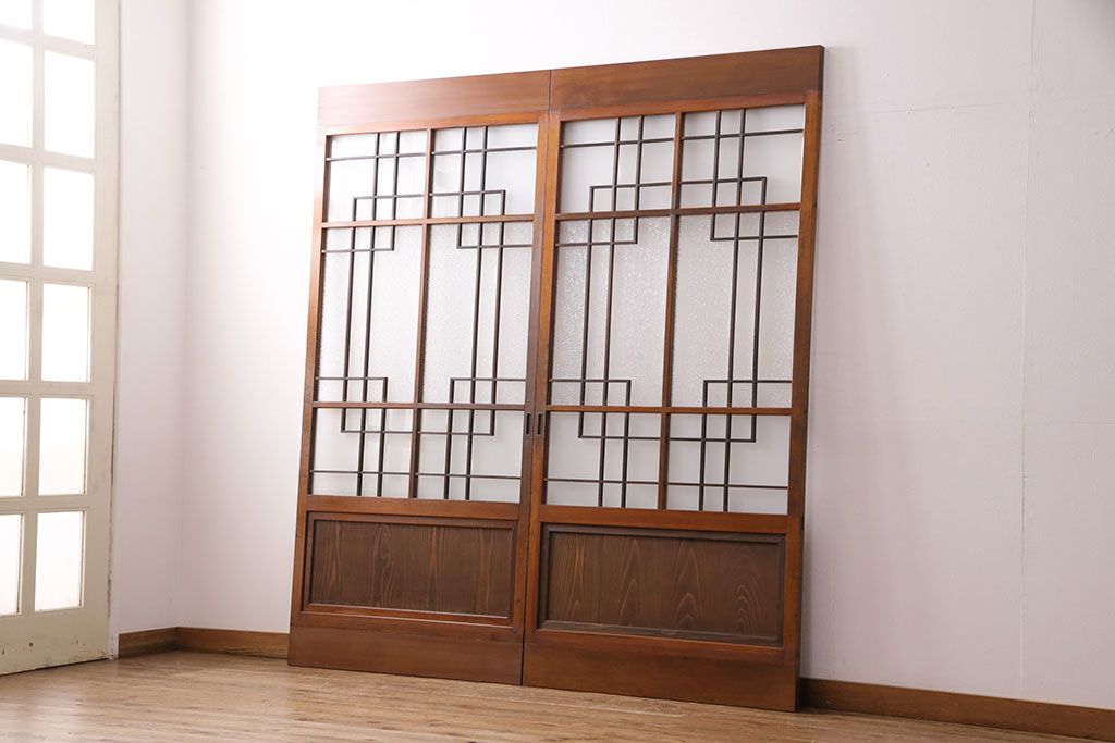 組子入りのガラス戸2枚をリペア&カスタム!吊り戸仕様に加工。埋木・加工部分の色合わせ。(引き戸、建具)