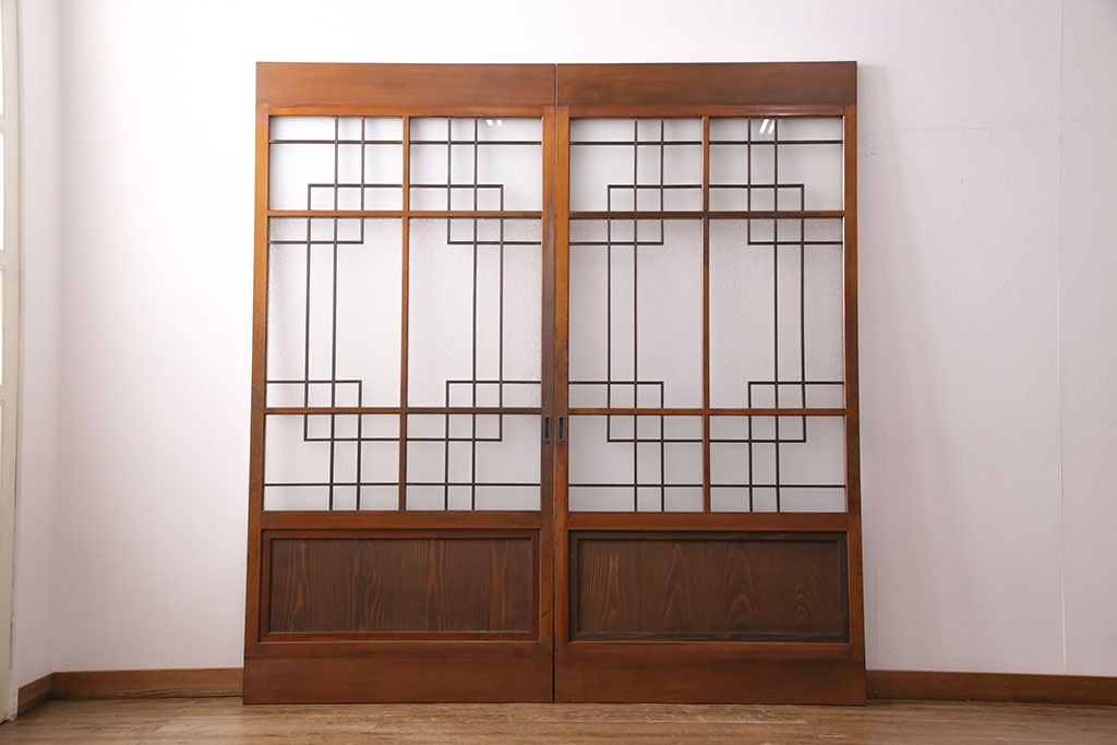 組子入りのガラス戸2枚をリペア&カスタム!吊り戸仕様に加工。埋木・加工部分の色合わせ。(引き戸、建具)