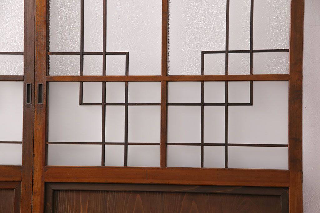 組子入りのガラス戸2枚をリペア&カスタム!吊り戸仕様に加工。埋木・加工部分の色合わせ。(引き戸、建具)