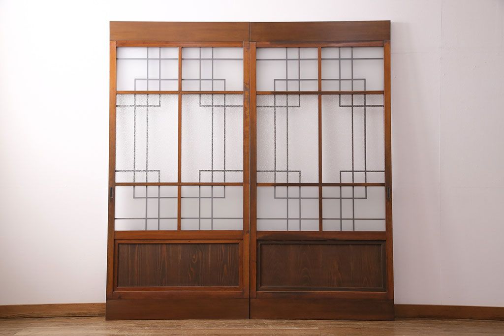 組子入りのガラス戸2枚をリペア&カスタム!吊り戸仕様に加工。埋木・加工部分の色合わせ。(引き戸、建具)