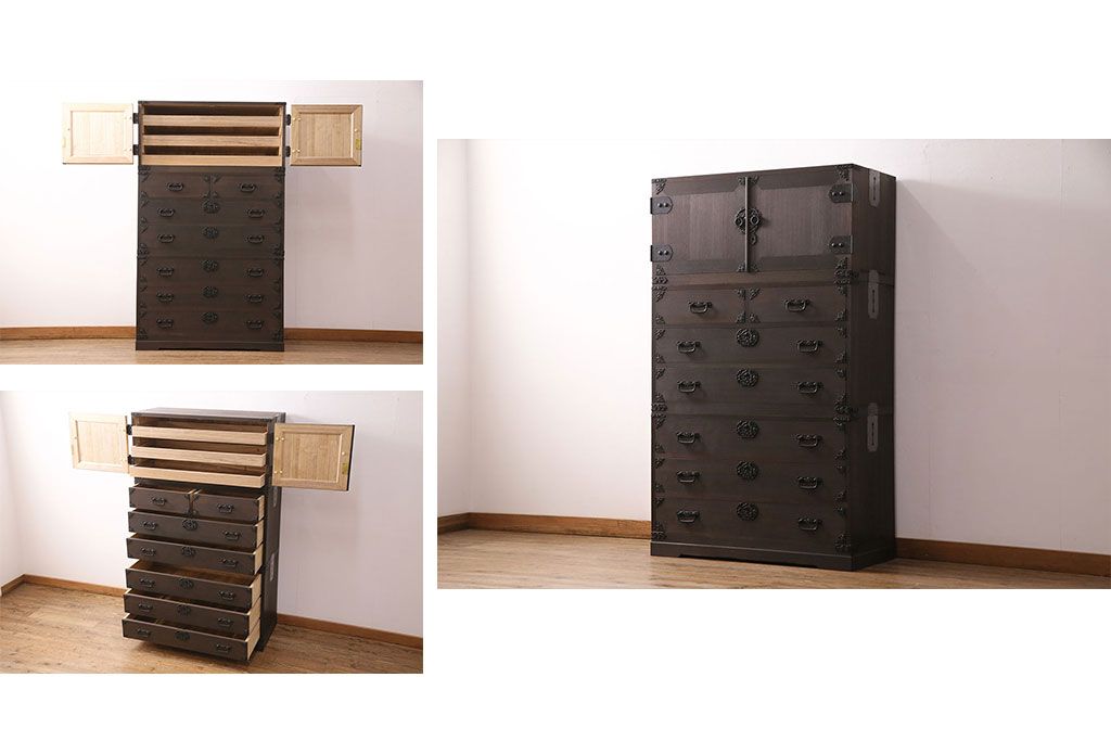 国産の総桐箪笥をリペア&カスタム!可動部の調整。濃い茶色で着色し仕上げ。(衣装箪笥、和タンス、引き出し、桐たんす)