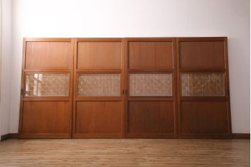 組子入り帯戸4枚をリペア&カスタム!設置場所に合わせてリサイズ。戸車を取り付け。帯部分のガラスをクリアガラスに変更。(引き戸、建具)