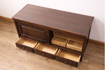 北海道民芸家具のサイドボードをリペア&カスタム!天板の補強。当店商品を参考に着色し仕上げ。(収納棚、戸棚、ローボード)