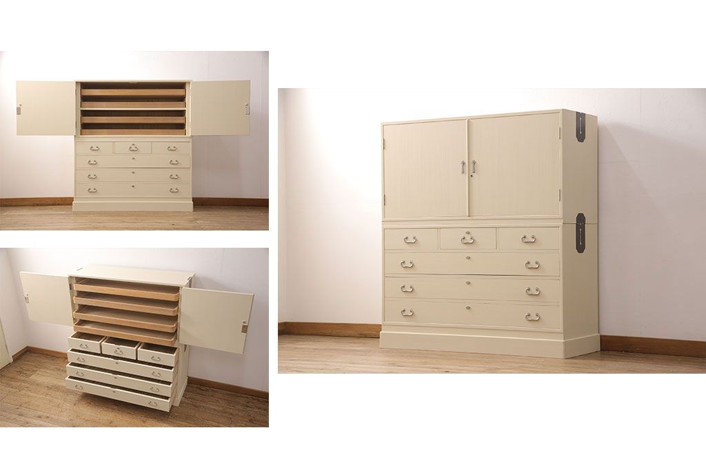 総桐箪笥をリペア&カスタム!三段重ねから中・下段のみの仕様に変更。中段上部の金具を取り外し、穴埋め加工。砥粉仕上げ。(衣装箪笥、着物箪笥、和タンス、桐たんす)