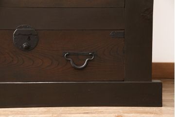 明治期の九尺収納箪笥をリペア&カスタム!取り外し可能な棚板を設置。引き戸の板をクリアガラスに変更し、現状に近しい色味に着色し仕上げ。(水屋箪笥、食器棚、収納棚、戸棚、キャビネット)