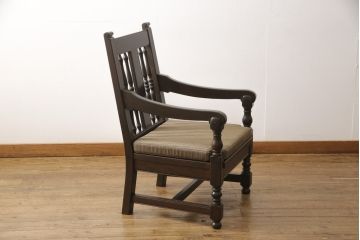 松本民芸家具のD型布張り椅子をリペア&カスタム!生地を張り替え、クッションを新規製作。木部は元の色味をベースに着色し仕上げ。(アームチェア、一人掛けソファ)