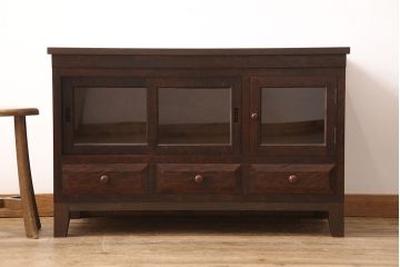 松本民芸家具のローボードをリペア&カスタム!建具をガラス戸に変更し、天板と脚を取り付けテレビ台にリメイク。(テレビボード、リビングボード)