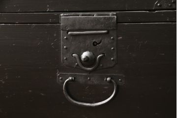 江戸期の小箪笥をリペア&カスタム!高品質リペアを施し、引き出しの欠損部分に扉を取り付け。観音扉の内部は引き出しから棚に加工。木製脚を取り付け、全体を1トーン落ち着いた色味に着色仕上げ。(時代箪笥、収納棚、戸棚、整理箪笥、収納箪笥、アンティーク箪笥)