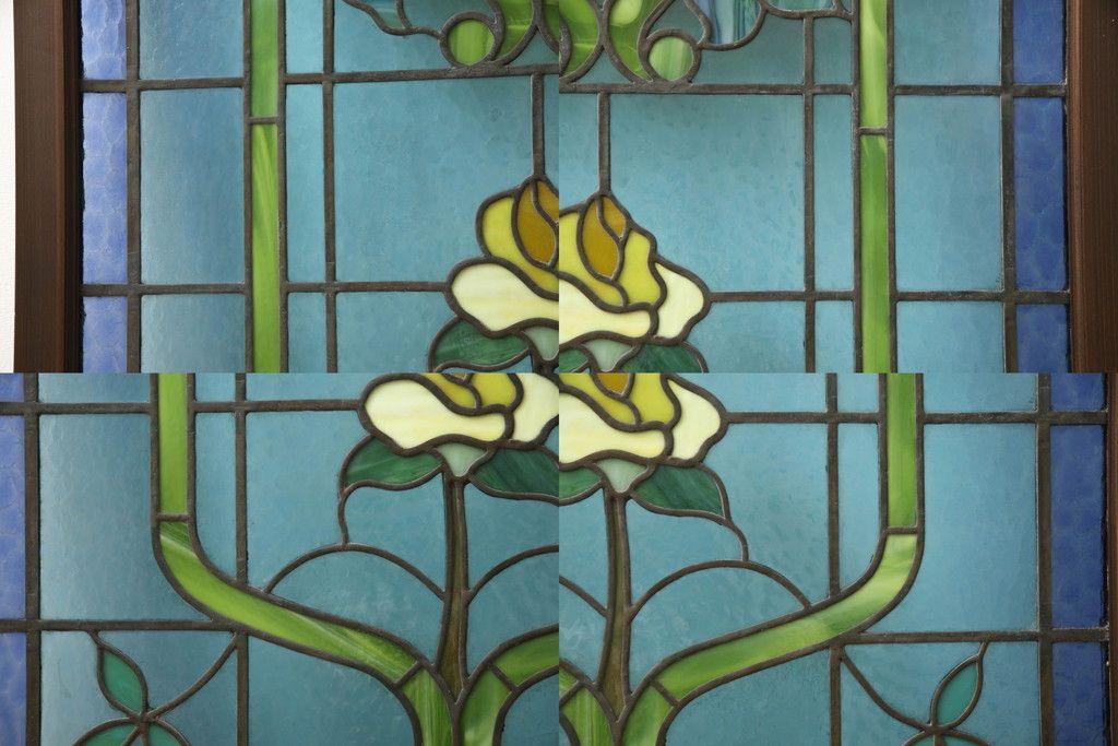 アンティークステンドグラス2枚をリペア&カスタム!それぞれに木枠を新規製作。落ち着いた茶系で着色仕上げ。(明り取り、窓)