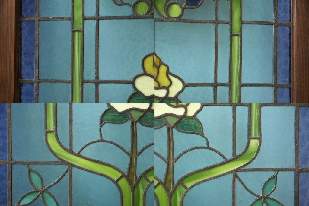 アンティークステンドグラス2枚をリペア&カスタム!それぞれに木枠を新規製作。落ち着いた茶系で着色仕上げ。(明り取り、窓)