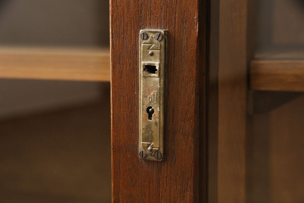 戸棚をリペア&カスタム!奥行をリサイズし、引き戸の板部分へクリアガラスをはめ込み、棚板を2枚製作して取り付け。天板を取り付け、外部・内部ともに本体に合わせて着色。(収納棚、食器棚、キャビネット)