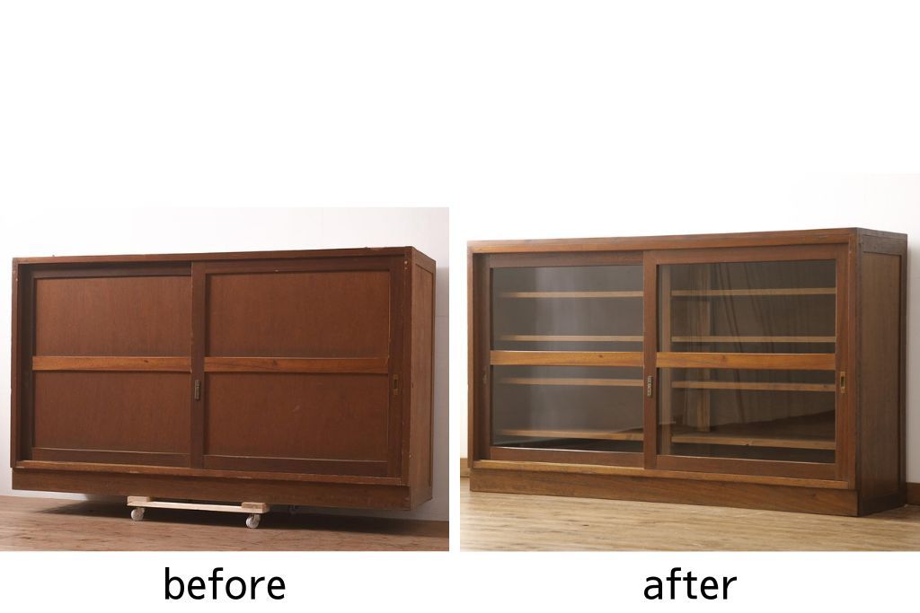 戸棚をリペア&カスタム!奥行をリサイズし、引き戸の板部分へクリアガラスをはめ込み、棚板を2枚製作して取り付け。天板を取り付け、外部・内部ともに本体に合わせて着色。(収納棚、食器棚、キャビネット)