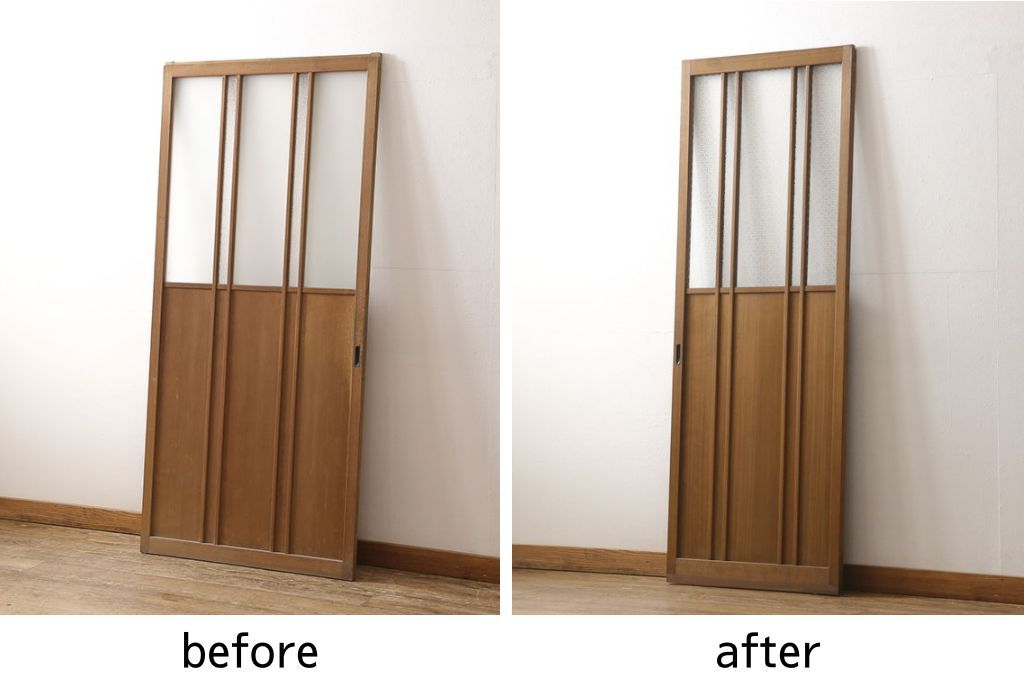 ガラス戸をリペア&カスタム!ご希望のサイズにリサイズし、ダイヤガラスはそのままに、スリガラス部分は変わり花菱紋様へ差し替え。戸車を取付、本体はブラウン色に着色。(引き戸)