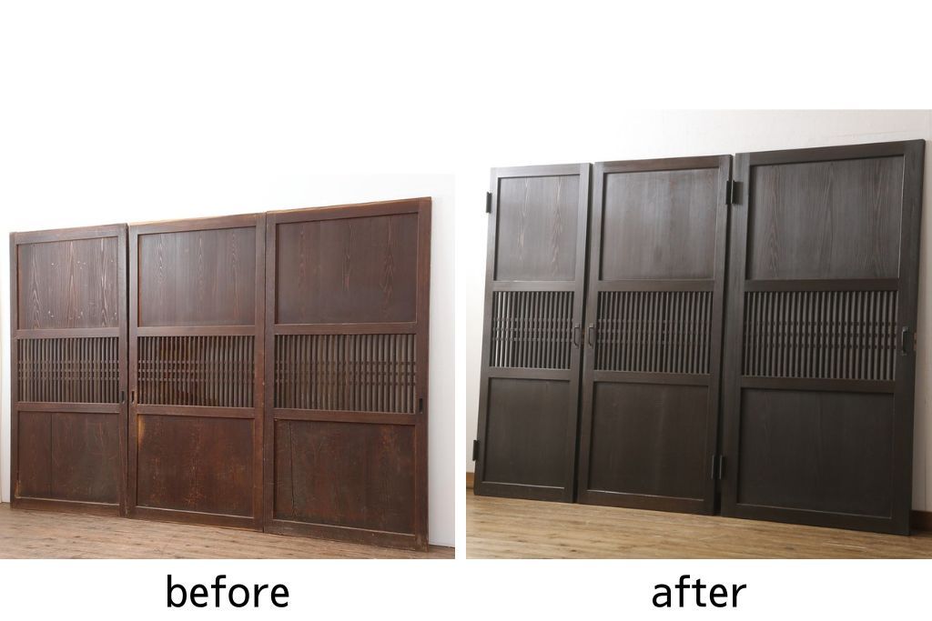 格子帯戸3枚をリペア&カスタム!ご希望に合わせてリサイズし、収納用の開き戸として加工。既存引手は埋め木処理し、ガラスは当店オリジナルの麻の葉紋様ガラスへ交換。剥離処理は行わず色味は当店商品を参考に着色。(板戸、建具、引き戸)