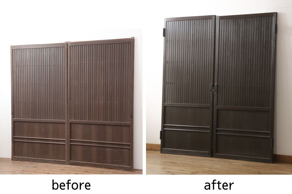 格子戸をリペア&カスタム!引き戸を開き戸として加工。金具を取り付け、お色味は当店商品を参考に着色。(建具、引き戸)