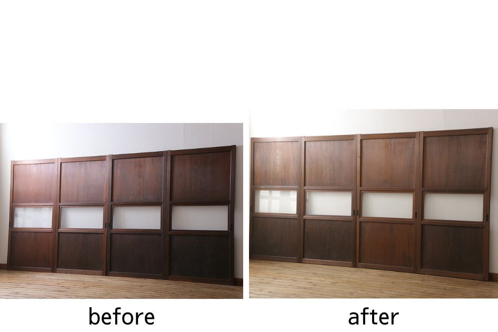 ガラス帯戸4枚をリペア&カスタム!ご希望サイズにリサイズし、引手や戸車は新しく取付。下桟は新材を使用して加工。本体の色味に合わせて着色。(ガラス戸、引き戸、建具)