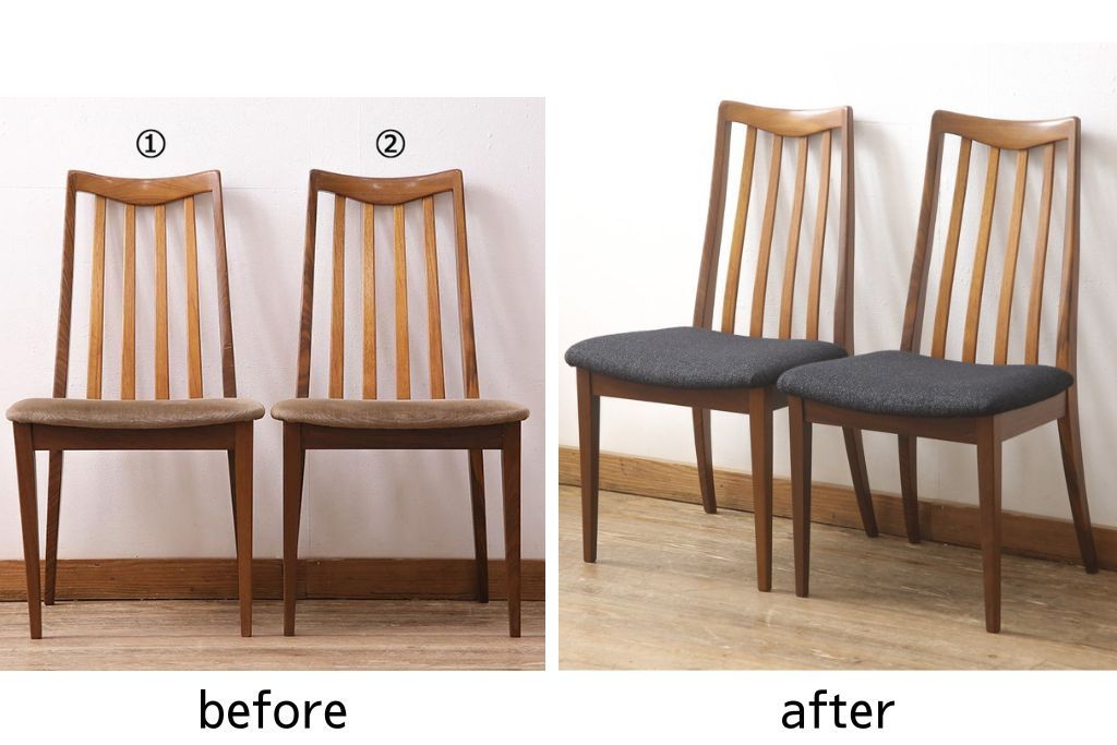 チェア2脚をリペア&カスタム!ご希望の生地で座面を張り替え、本体は現状をベースに着色。(ダイニングチェア、椅子、ビンテージ)