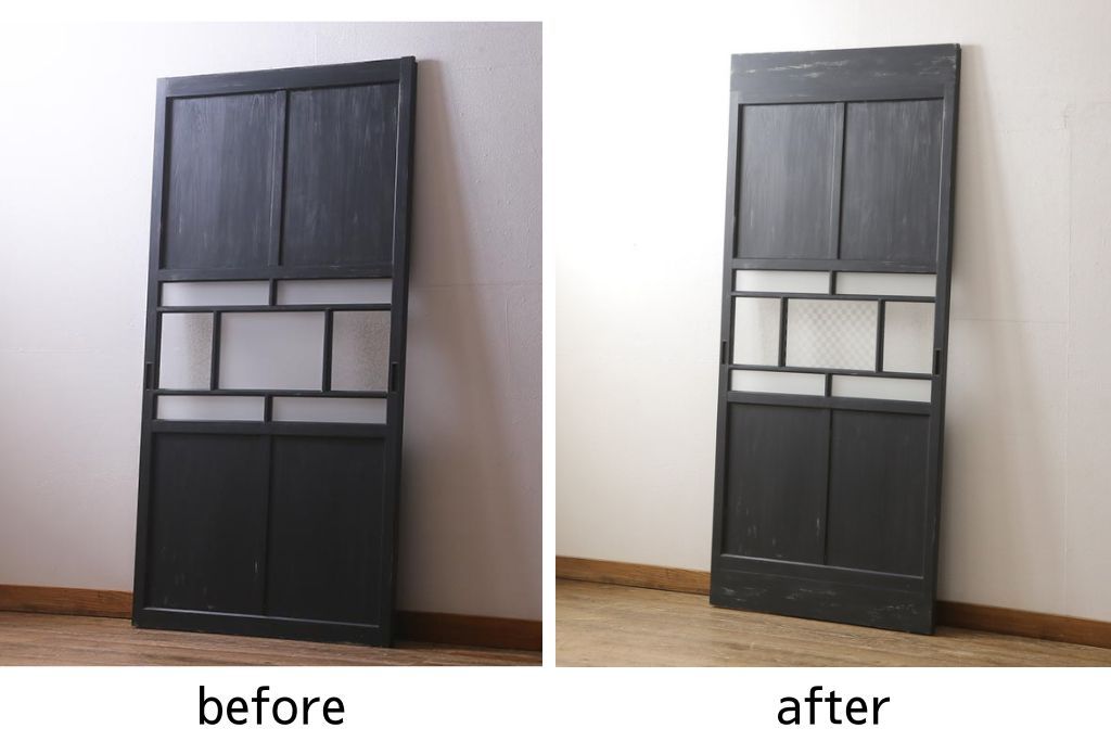 ガラス戸をリペア&カスタム!高さをリサイズし、中央のガラスのみ市松デザインのガラスに交換。戸車を取付け、付け足した部材は本体の色味に合わせて着色。(引き戸、建具)