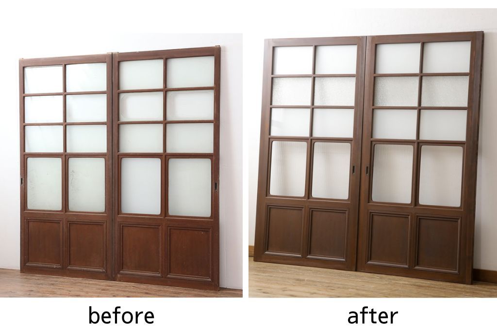 ガラス戸2枚をリペア&カスタム!高さと幅をリサイズし、指定箇所にすりガラス・ダイヤガラス ・モールガラスを配置。戸車を取付け、全体的に着色後水性ワックスにて仕上げ。(建具、引き戸)