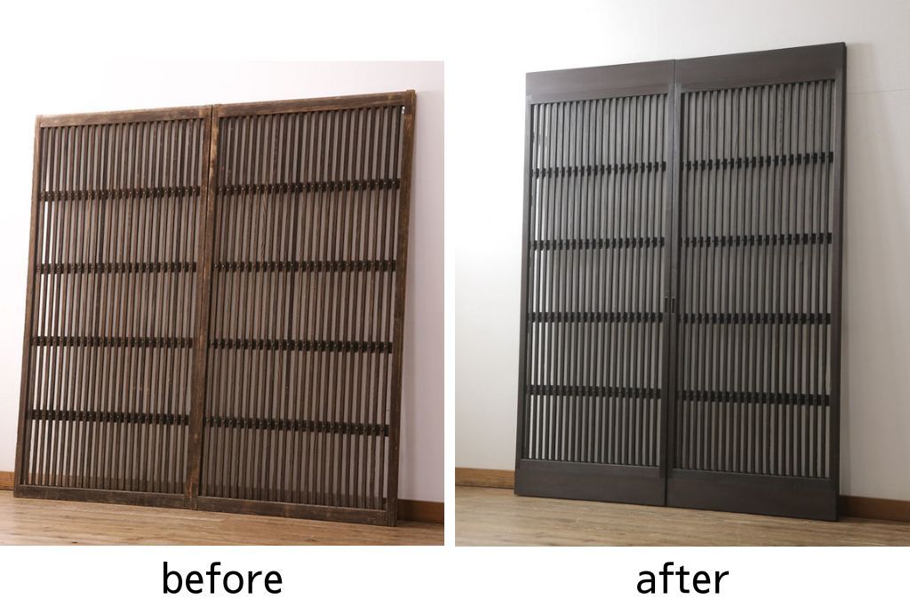 ガラス入り格子戸2枚をリペア&カスタム!高さと幅をリサイズし、ガラスは当店オリジナルの麻の葉紋様ガラスに交換。色味は当店商品を参考に着色。(引き戸、玄関戸、建具)