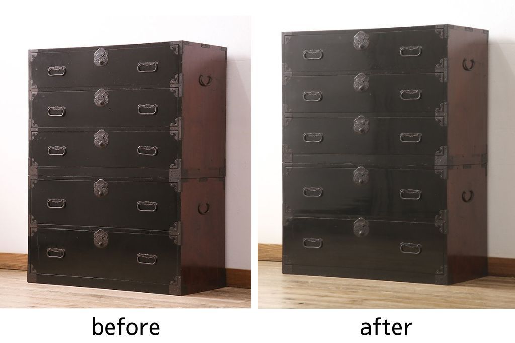 庄内箪笥の見た目を変えずに綺麗にリペア!元の雰囲気を残しつつ研磨して仕上げ。(重ね箪笥、時代箪笥、引き出し)