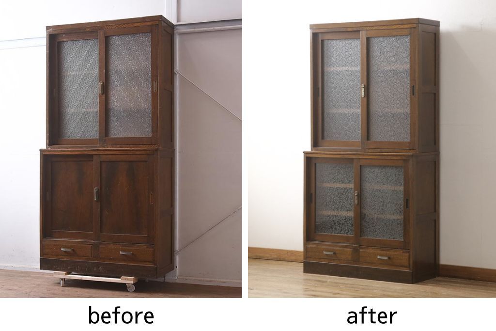 戸棚をリペア&カスタム!下段引き戸に結霜ガラスをはめ込み、割れがある既存の棚板をあらたに製作。本体は現状をベースにして1トーン程落ち着いた色味に着色。(収納棚、食器棚、キャビネット)