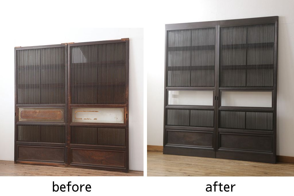 格子戸2枚をリペア&カスタム!高さをリサイズし、全てのガラスを新品のクリアガラスに交換。お客様がご用意した金具を取り付け。本体は現状をベースに着色。(ガラス帯戸、引き戸、建具)