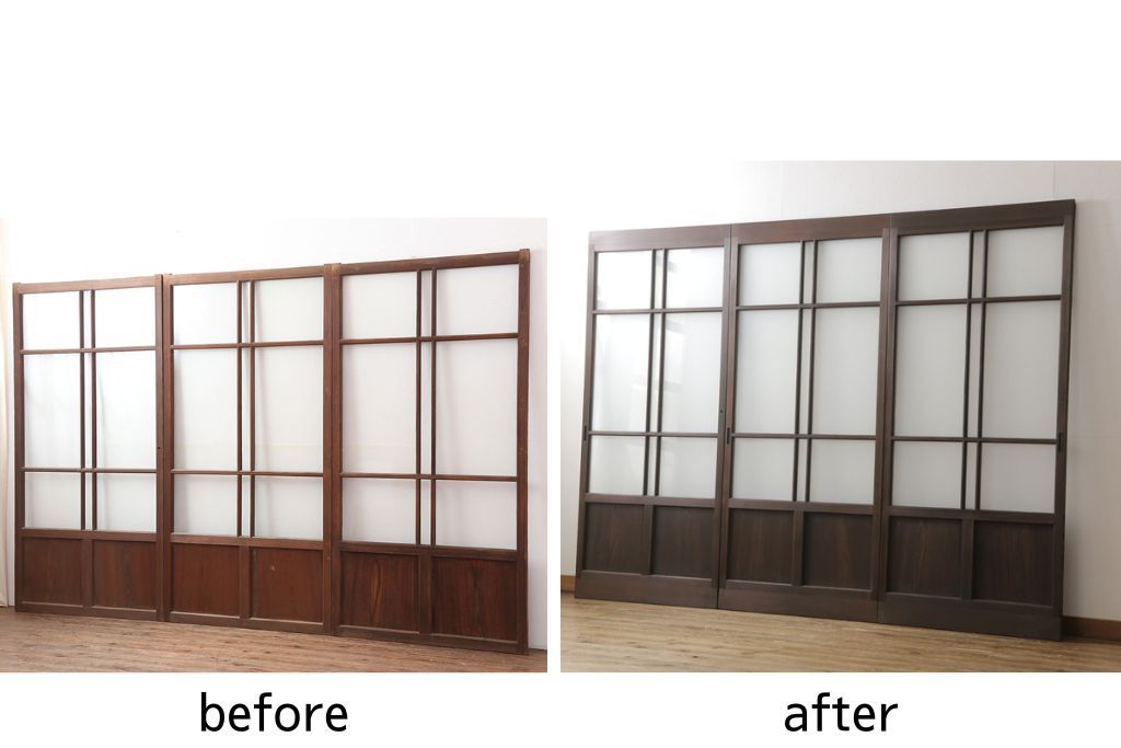 ガラス戸3枚をリペア&カスタム!高さと幅をリサイズし、既存のガラスをすべてスリガラスに差し替え。戸車・引手金具を取り付け、色味は現状に寄せて着色。(建具、引き戸)