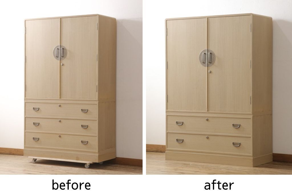 加茂総桐箪笥をリペア&カスタム!上段の引き出し枠を取り払い、衣装盆の受け製作。下段引き出し3杯のうち1杯をカットし高さをリサイズ。(並厚、総桐たんす、桐タンス、着物箪笥、衣装タンス)