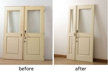 両開きドア1対をリペア&カスタム!高さと幅をリサイズし、引手周りの丸穴は埋め木処理。既存のペンキ塗装部分は清掃し、埋め木・付け足し箇所のみホワイト系で着色。(扉、玄関扉、ドア2枚セット)