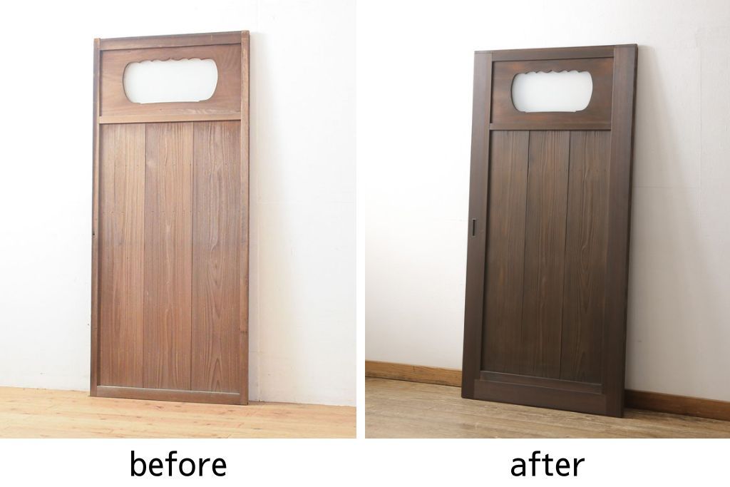 ガラス入り板戸をリペア&カスタム!高さと幅をリサイズし、引手場所を調節し取付け。ガラスは新品のすりガラスに取り替え、現状のお品物に合わせて着色。(引き戸、建具)