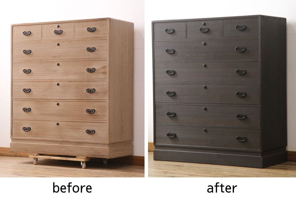総桐箪笥の見た目を変えずに綺麗にリペア!当店商品を参考に濃い茶色に着色。(整理タンス、小抽タンス、衣装箪笥、桐たんす)