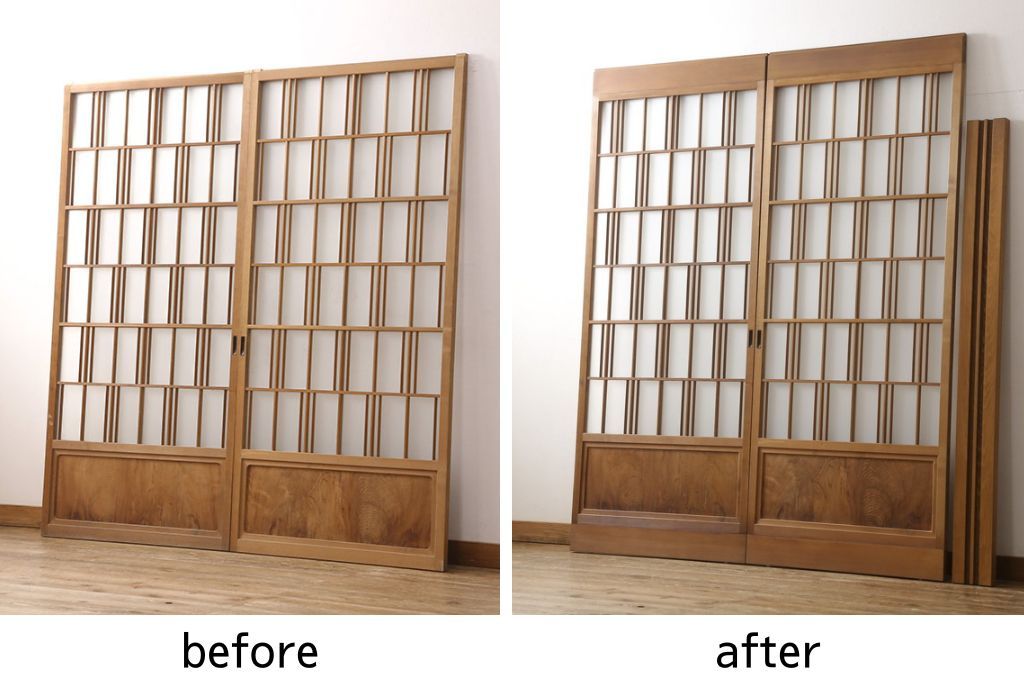 ガラス戸2枚をリペア&カスタム!高さと幅をリサイズし、ガラスはすりガラスへ差し替え、戸車取付け。戸枠を製作し、現状の色味を活かした木あじ仕上げ。(建具、引き戸)