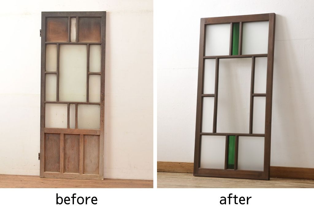 ガラス扉をリペア&カスタム!高さと幅をリサイズし、ガラスは指定箇所にクリアガラス・すりガラス・緑の色ガラスをレイアウト。本体は濃い茶色のワックス仕上げ。(木製ドア、建具)