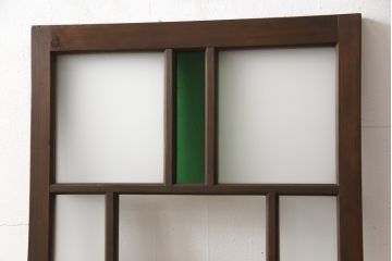 ガラス扉をリペア&カスタム!高さと幅をリサイズし、ガラスは指定箇所にクリアガラス・すりガラス・緑の色ガラスをレイアウト。本体は濃い茶色のワックス仕上げ。(木製ドア、建具)