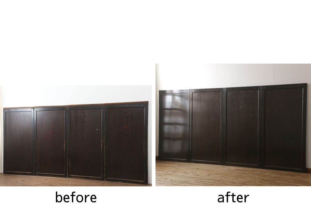 板戸4枚をリペア&カスタム!引手は加工し、1番使いやすい位置に取り付け。本体は現状の色味を活かして着色。(帯戸、引き戸)