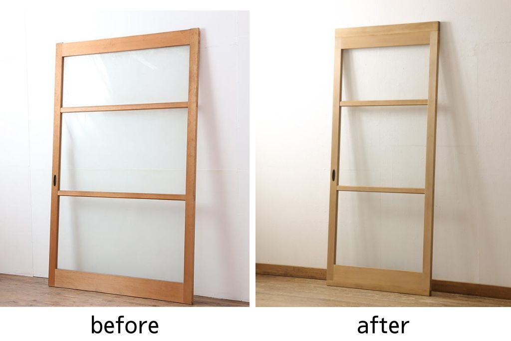 ガラス戸をリペア&カスタム!高さと幅をリサイズし、表の引き手そのままに、裏は似たものを取り付け。本体は現状の色味や雰囲気を残しつつクリアワックスにて仕上げ。(引き戸、玄関戸)