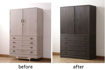 加茂総桐箪笥をリペア&カスタム!引出しを調整し、現状稼働しない鍵を使用できるようリペア。背板の割れは埋木処理。本体は当店商品を参考に着色仕上げ。(並厚、四方丸、総桐たんす、衣装箪笥、着物箪笥、和タンス)