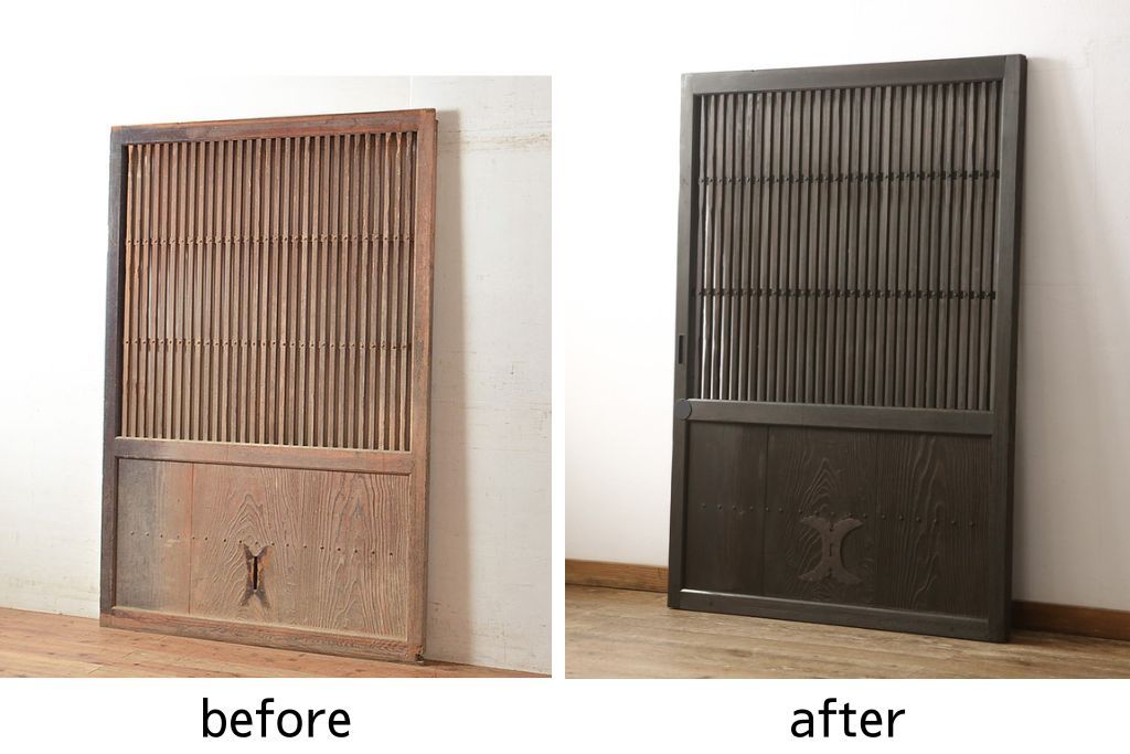 蔵戸をリペア&カスタム!高さをリサイズし、戸首造作。鎌錠・戸車を取り付け、色味は当店商品を参考に着色。(引き戸、玄関戸、格子戸)