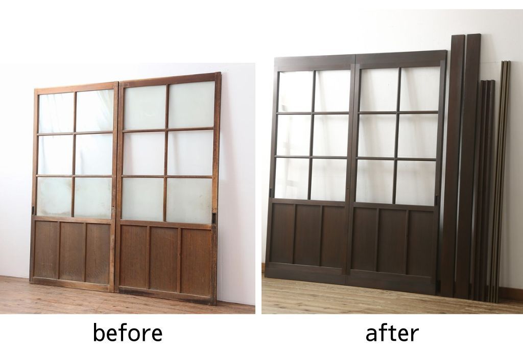 ガラス戸2枚をリペア&カスタム!高さと幅をリサイズし、既存のガラスからクリアガラスに交換。3方の戸枠を製作し、ソフトクローズの吊り金具を取り付け。戸枠・建具のお色味は当店商品を参考に着色。(建具、引き戸)