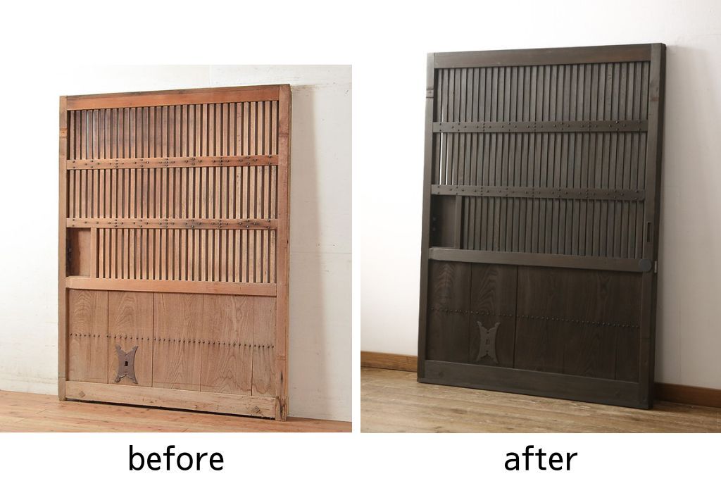 蔵戸をリペア&カスタム!戸首造作し、鎌錠・戸車を取り付け。色味は当店商品を参考に着色。(格子戸、引き戸、玄関戸)